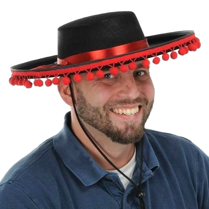 Black sombrero with red pom-pom trim