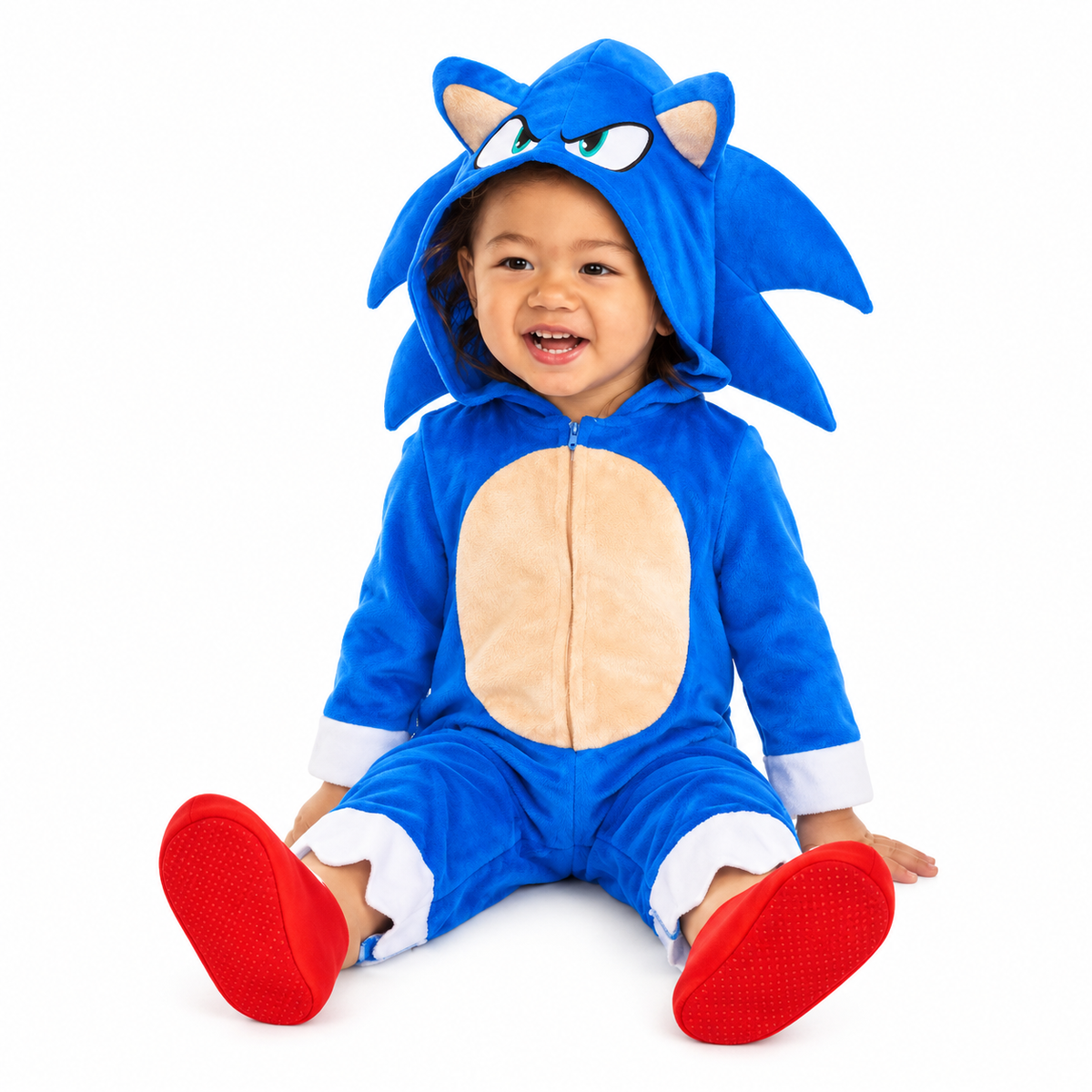 Sonic Dash baby and toddler costume, blue hooded jumpsuit with tan belly and red shoe covers on pure white background