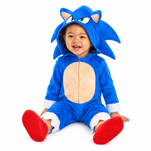 Sonic Dash baby and toddler costume, blue hooded jumpsuit with tan belly and red shoe covers on pure white background