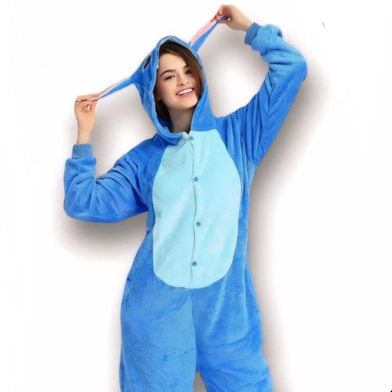 Blue Stitch onesie costume modeled by an adult