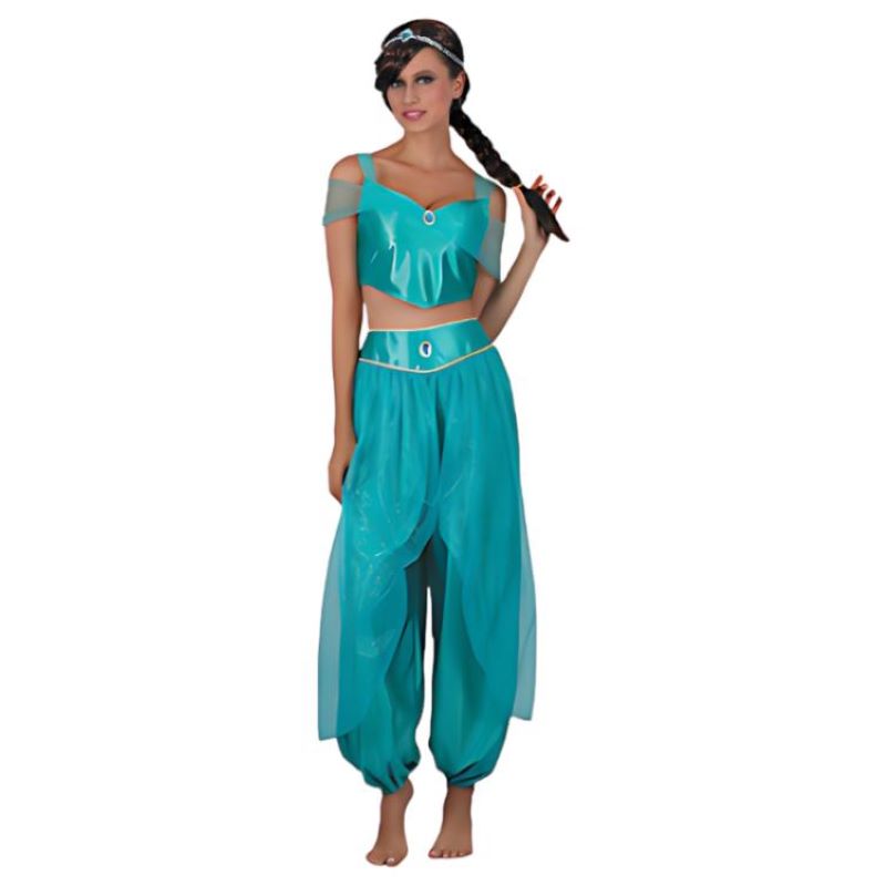 Women's turquoise princess costume with cropped top and harem trousers